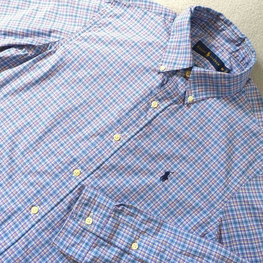 Polo Ralph Lauren Mens Plaid Button Down Shirt Blue Purple Cotton Size Medium